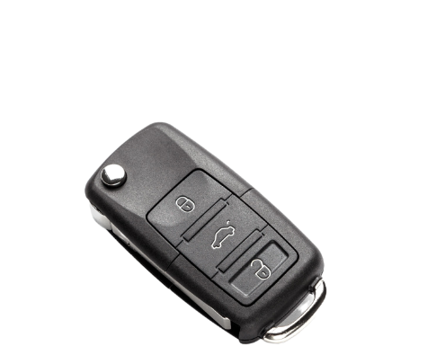 Ein schwarzer Autoschlüsselanhänger mit drei Tasten für die Funktionen Verriegeln, Entriegeln und Kofferraum.