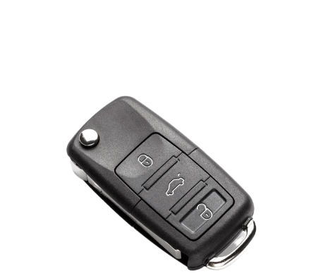 Ein schwarzer Autoschlüsselanhänger mit drei Tasten für die Funktionen Verriegeln, Entriegeln und Kofferraum.