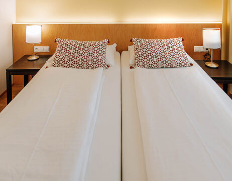 Two single beds with white bedding, patterned pillows and bedside lamps on dark wooden bedside tables.