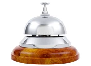 A silver service bell with a wooden base, isolated on a white background.