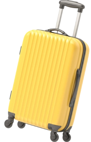 Bright yellow hard-shell case with four wheels and an extended telescopic handle that stands upright.